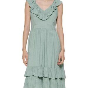 Calvin Klein Ruffled V Neck Green Midi Dry Clean Dress Size 16